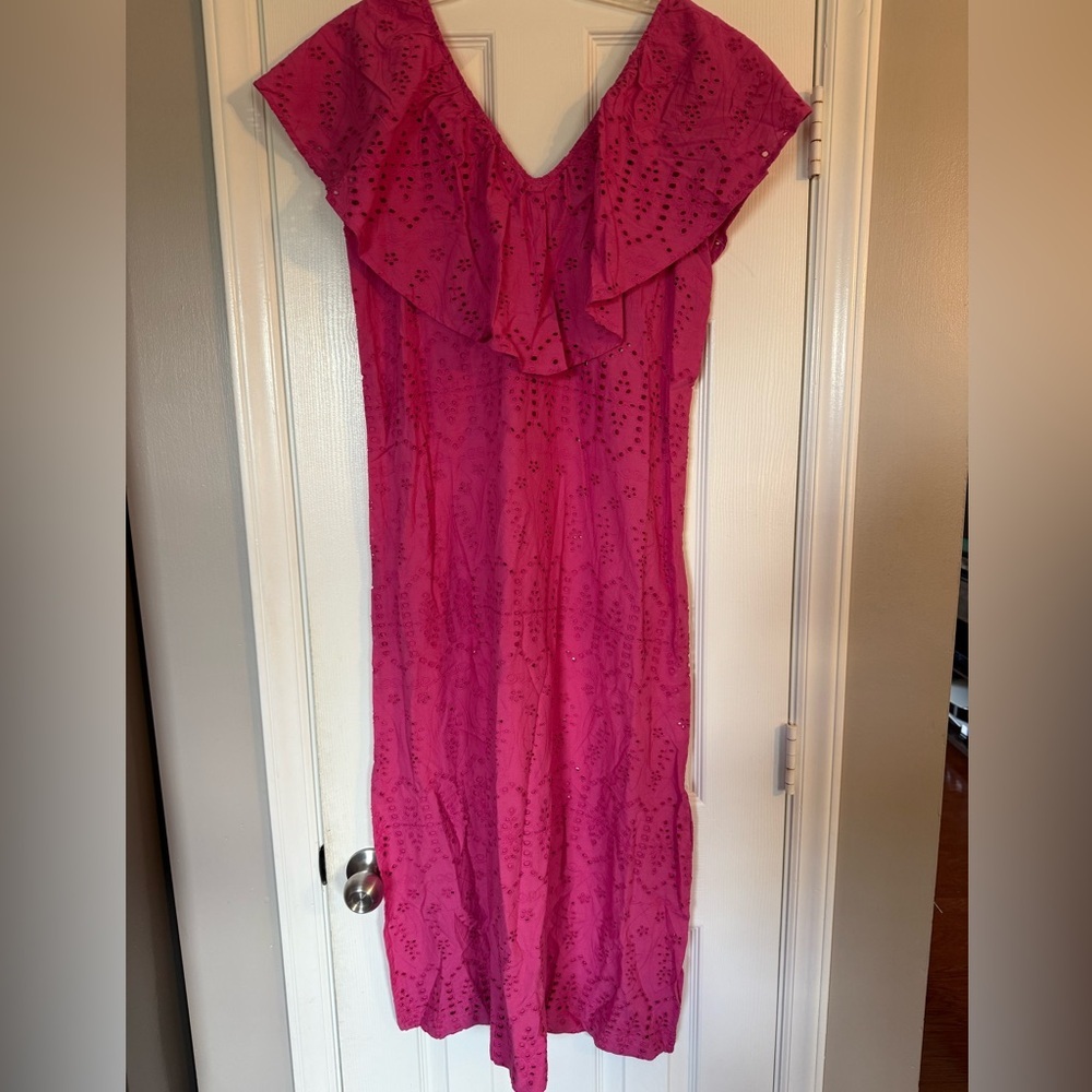 NWT Tuckernuck Fuchsia Pink Eyelet Ruffle Midi Dress size XS - Picture 2 of 10